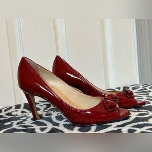 Enzo Angiolini Red Patent Leather Peep Toe Heels with Bow Size 71/2M Designer